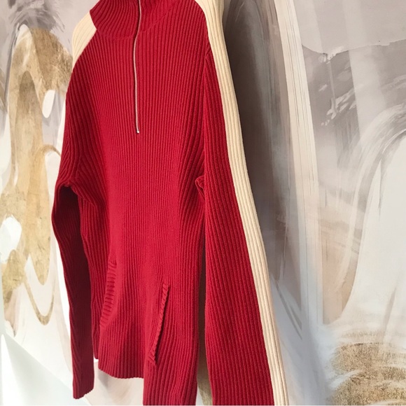 GAP | Y2K Long Sleeved Sporty Red Mock Turtle Neck Sweater w/ White Stripes - Picture 14 of 16